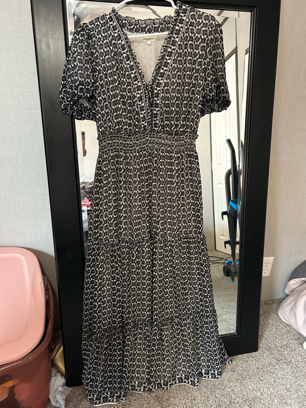 Max Studio Black and White Printed V-Neck Tiered Maxi Dress